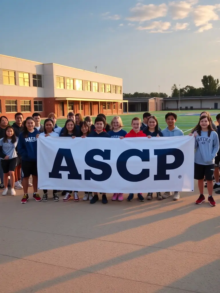 Students proudly displaying the ASCP banner at a school event, demonstrating school spirit and pride.