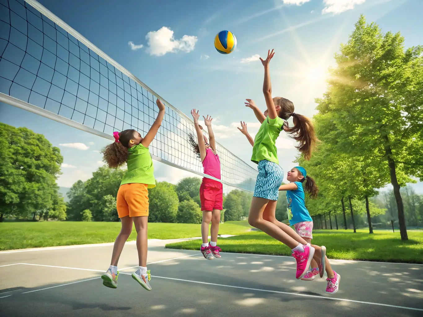 A dynamic image of students engaged in a volleyball match, highlighting communication, strategy, and the fun of playing together at ASSOCIATION SPORTIVE DU COLLEGE PUBLIC.