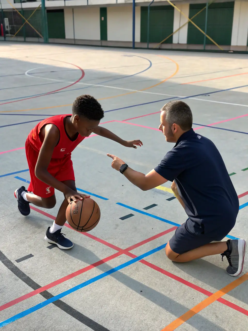 A student athlete receiving guidance from a coach during a basketball practice, highlighting personalized skill development.