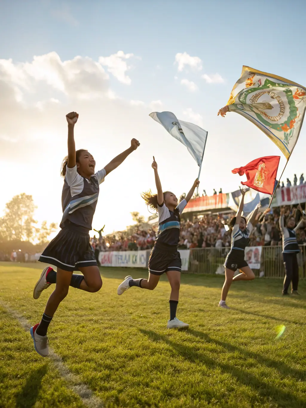 A group of students in ASCP uniforms celebrating a victory after a football match, showcasing teamwork and camaraderie.